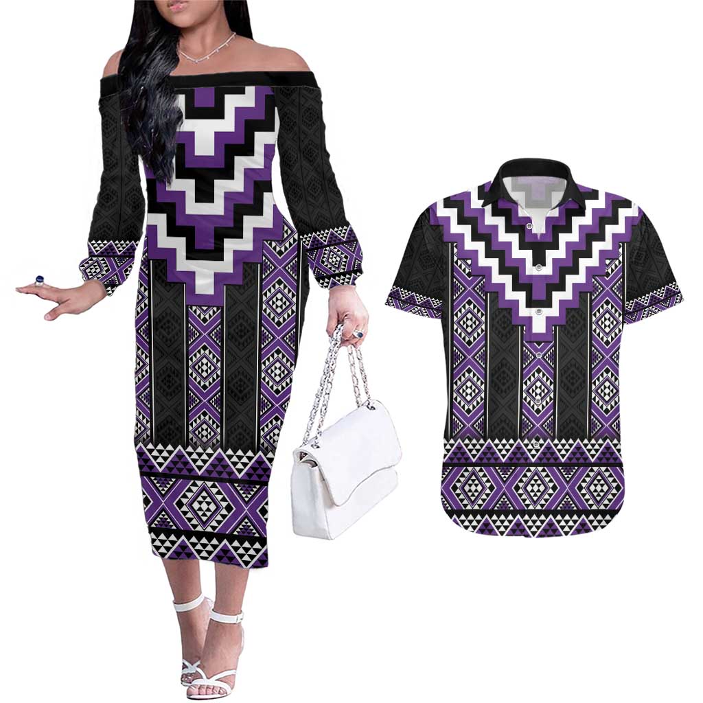 Purple Taniko Pattern Aotearoa Couples Matching Off The Shoulder Long Sleeve Dress and Hawaiian Shirt Niho Taniwha Mix Poutama LT14