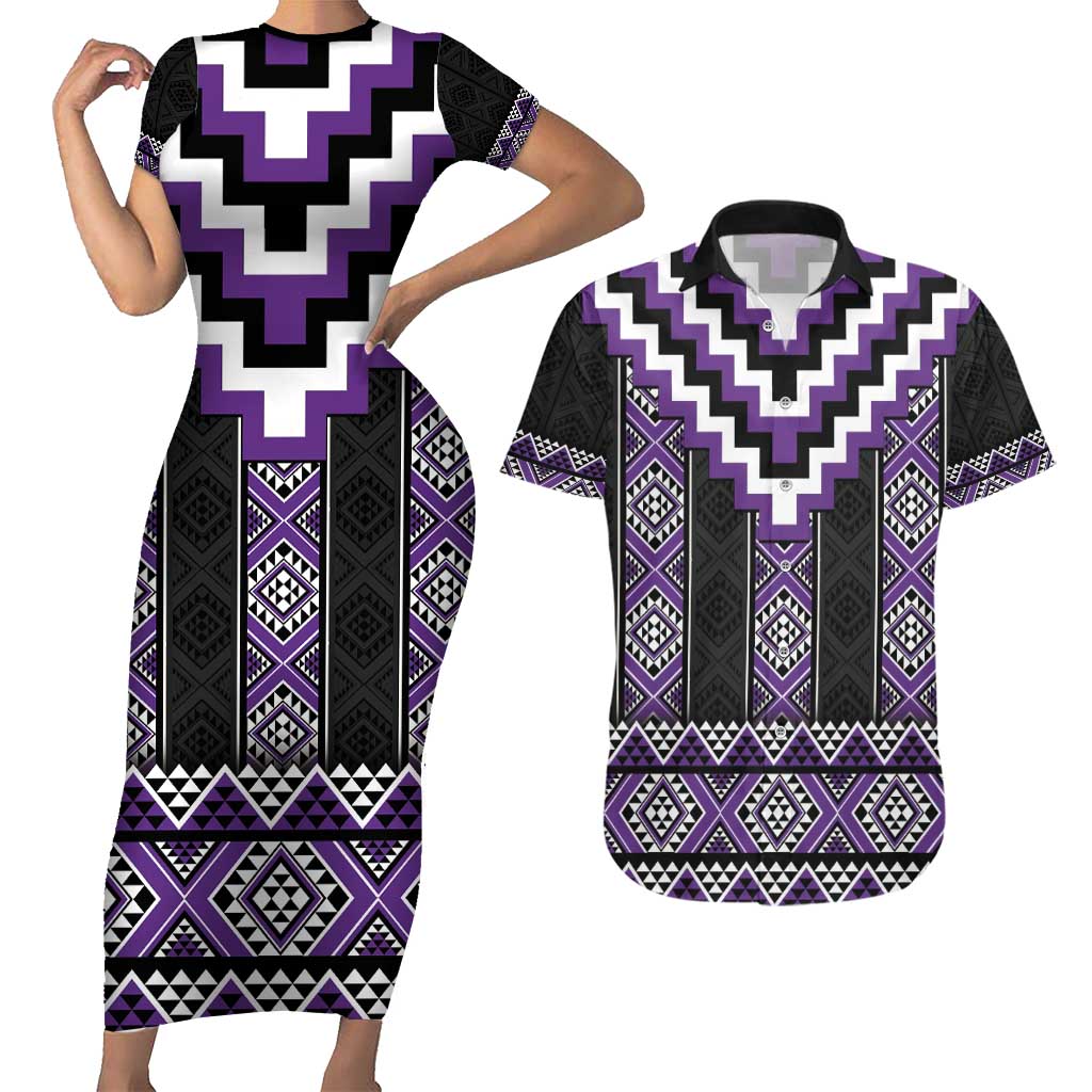 Purple Taniko Pattern Aotearoa Couples Matching Short Sleeve Bodycon Dress and Hawaiian Shirt Niho Taniwha Mix Poutama LT14