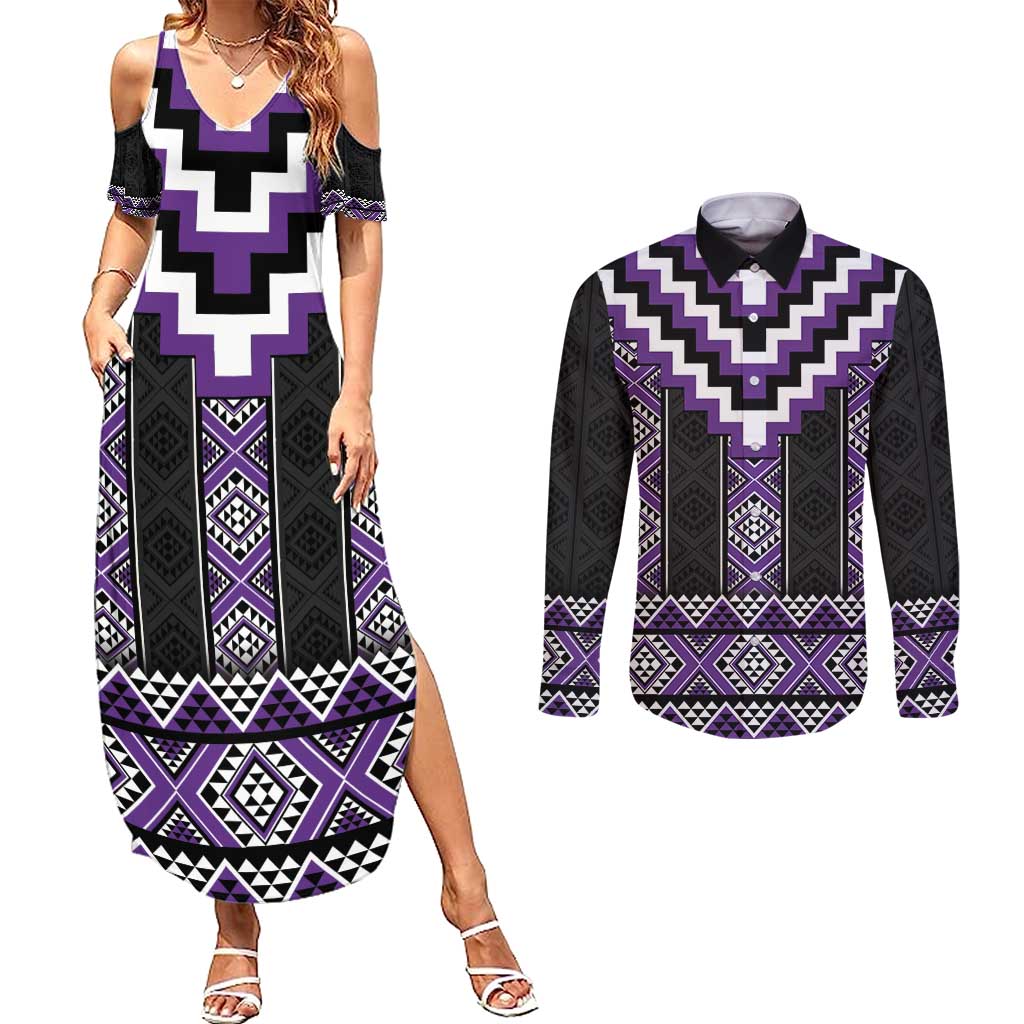 Purple Taniko Pattern Aotearoa Couples Matching Summer Maxi Dress and Long Sleeve Button Shirt Niho Taniwha Mix Poutama LT14