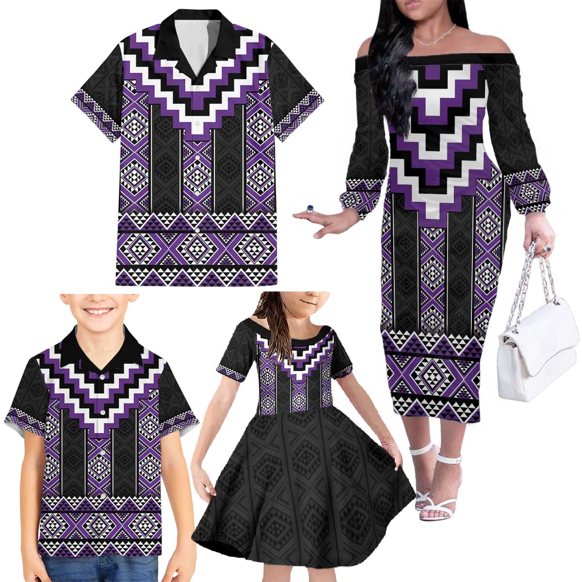 Purple Taniko Pattern Aotearoa Family Matching Off The Shoulder Long Sleeve Dress and Hawaiian Shirt Niho Taniwha Mix Poutama LT14