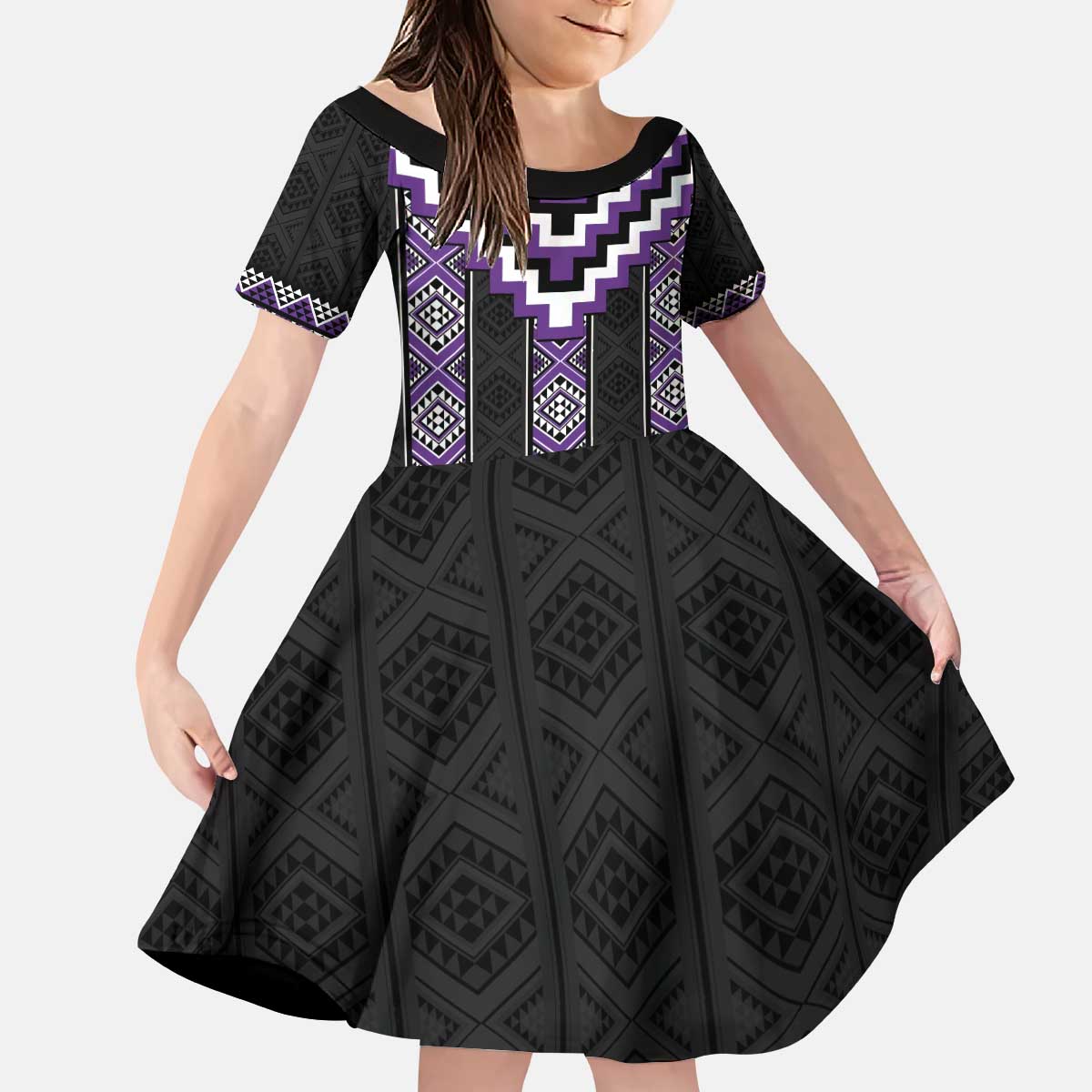Purple Taniko Pattern Aotearoa Kid Short Sleeve Dress Niho Taniwha Mix Poutama LT14 KID Purple - Polynesian Pride