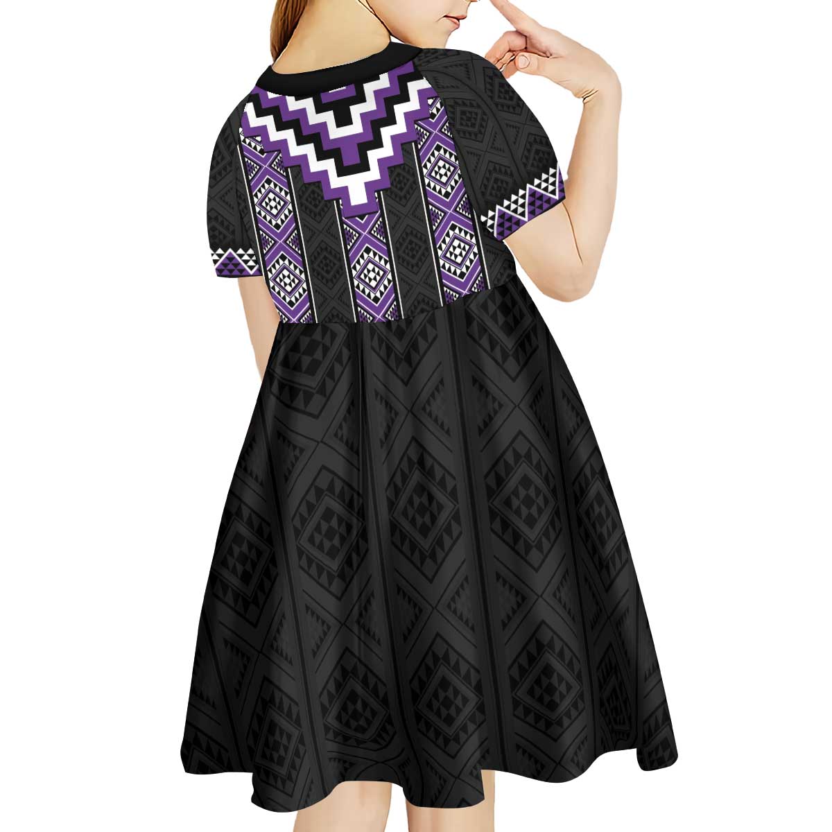 Purple Taniko Pattern Aotearoa Kid Short Sleeve Dress Niho Taniwha Mix Poutama LT14 - Polynesian Pride
