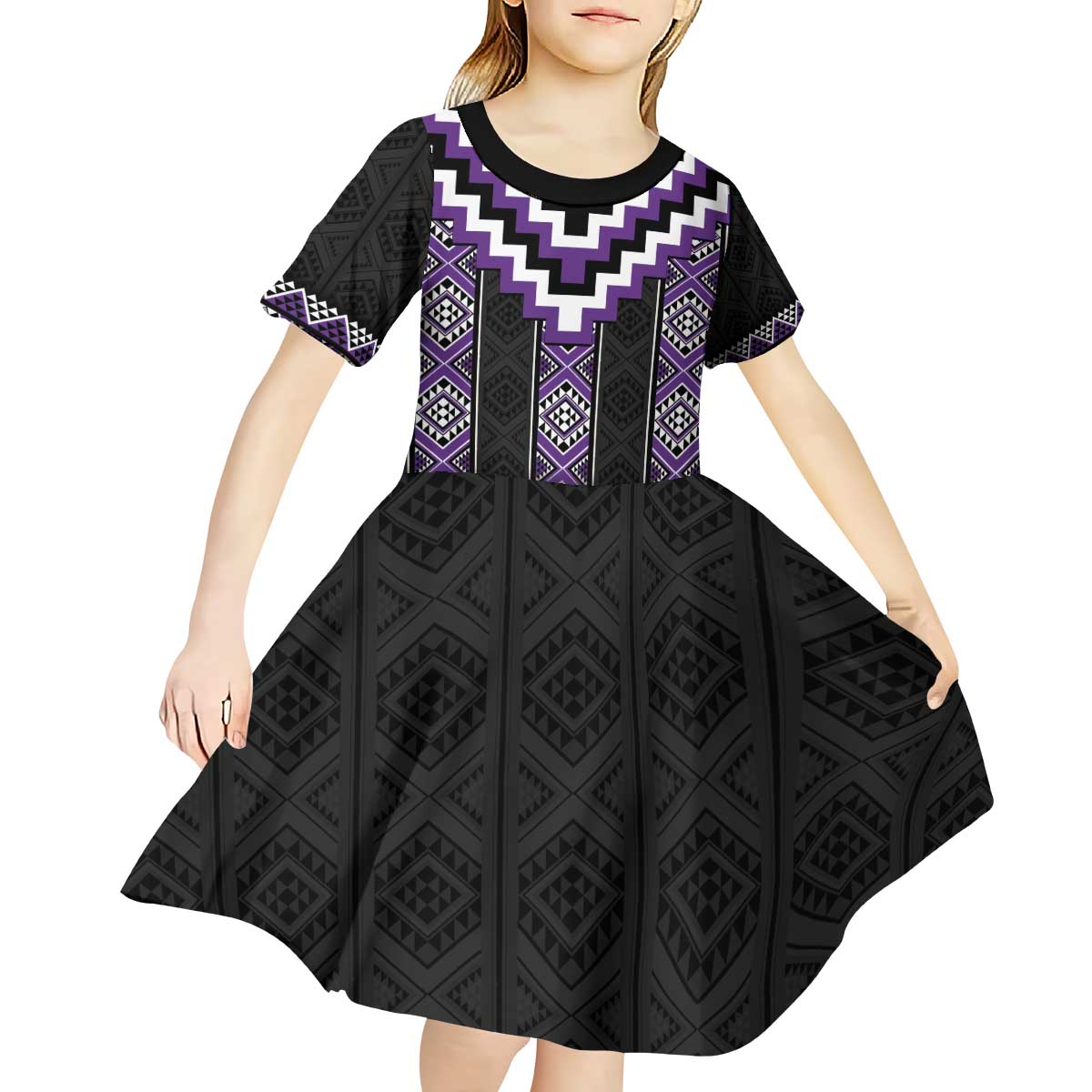 Purple Taniko Pattern Aotearoa Kid Short Sleeve Dress Niho Taniwha Mix Poutama LT14 - Polynesian Pride