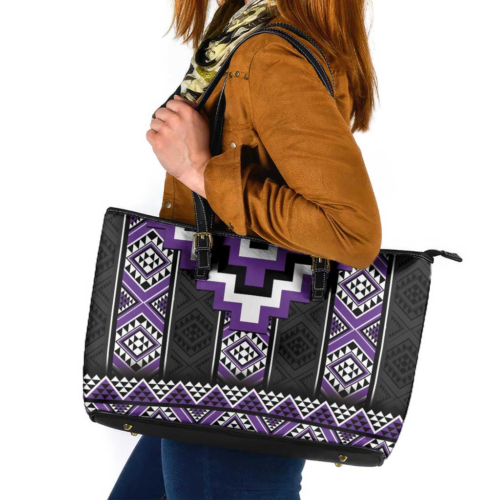 Purple Taniko Pattern Aotearoa Leather Tote Bag Niho Taniwha Mix Poutama