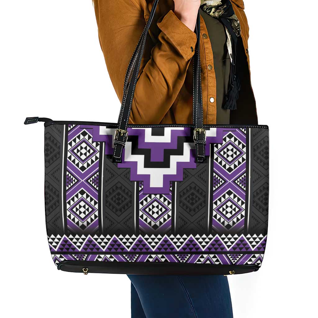 Purple Taniko Pattern Aotearoa Leather Tote Bag Niho Taniwha Mix Poutama