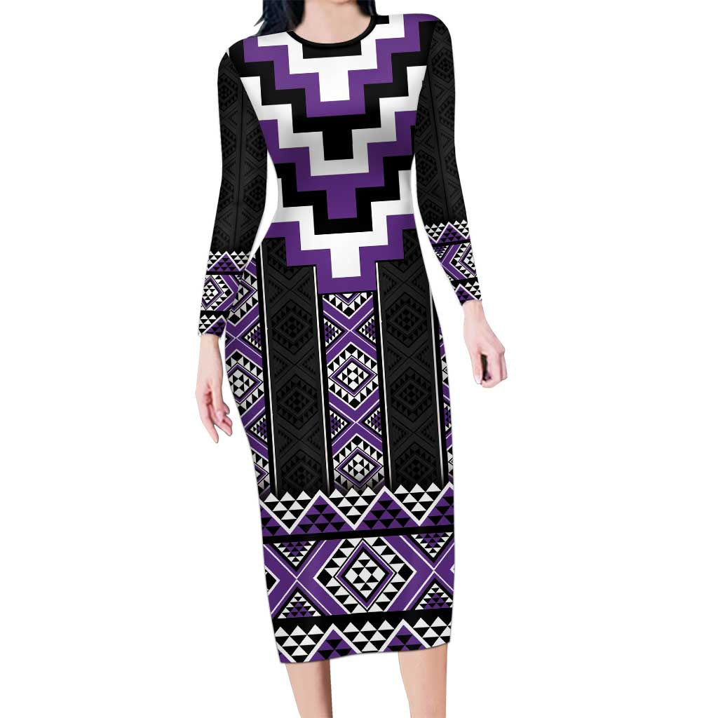 Purple Taniko Pattern Aotearoa Long Sleeve Bodycon Dress Niho Taniwha Mix Poutama LT14