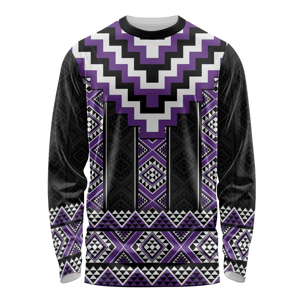 Purple Taniko Pattern Aotearoa Long Sleeve Shirt Niho Taniwha Mix Poutama LT14