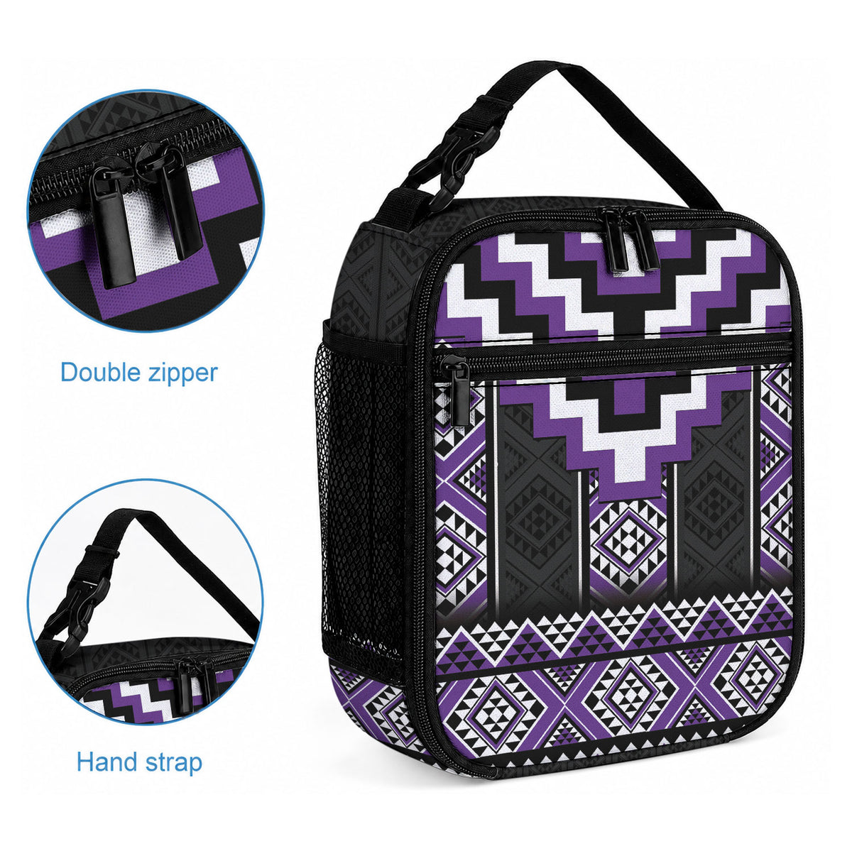 Purple Taniko Motifs Aotearoa Lunch Bag Niho Taniwha Mix Poutama LT14 - Polynesian Pride