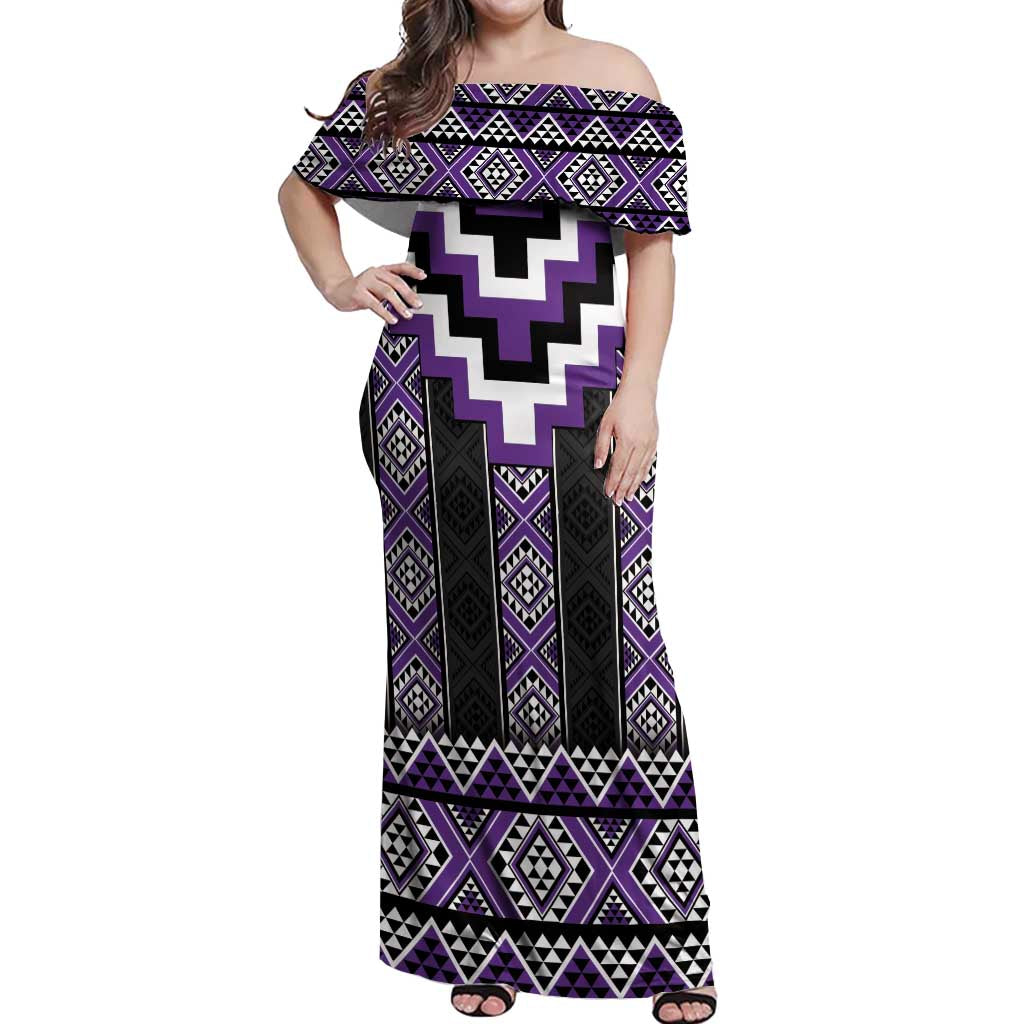 Purple Taniko Pattern Aotearoa Off Shoulder Maxi Dress Niho Taniwha Mix Poutama LT14