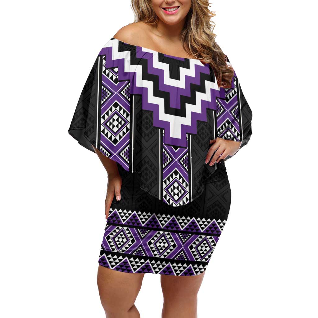 Purple Taniko Pattern Aotearoa Off Shoulder Short Dress Niho Taniwha Mix Poutama LT14