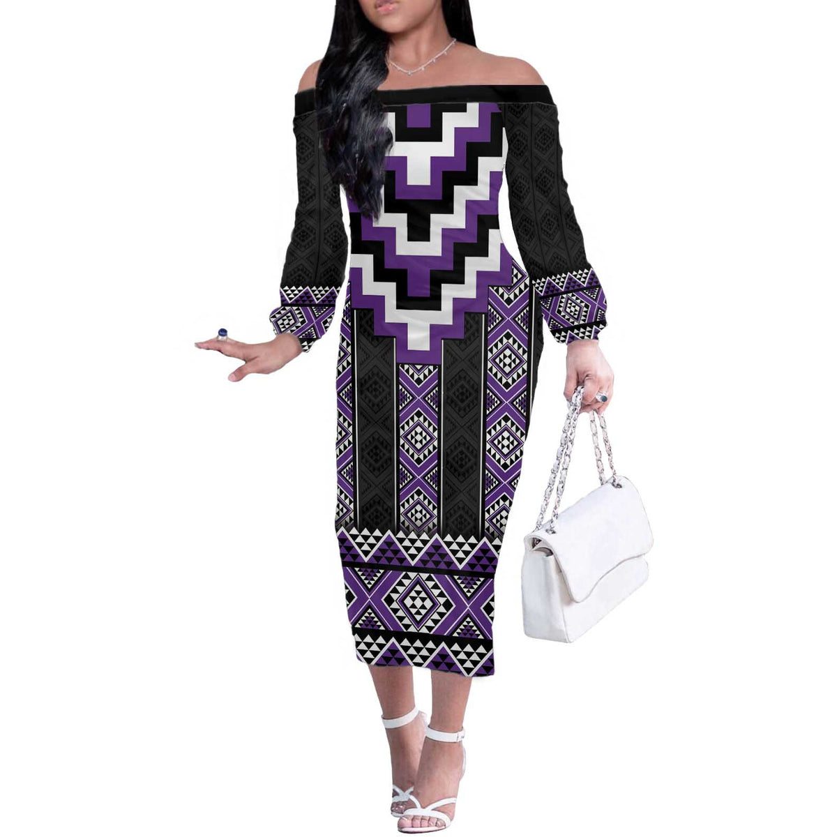 Purple Taniko Pattern Aotearoa Off The Shoulder Long Sleeve Dress Niho Taniwha Mix Poutama LT14 Women Purple - Polynesian Pride