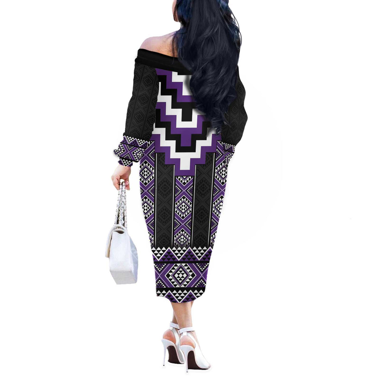 Purple Taniko Pattern Aotearoa Off The Shoulder Long Sleeve Dress Niho Taniwha Mix Poutama LT14 - Polynesian Pride