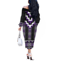 Purple Taniko Pattern Aotearoa Off The Shoulder Long Sleeve Dress Niho Taniwha Mix Poutama LT14 - Polynesian Pride