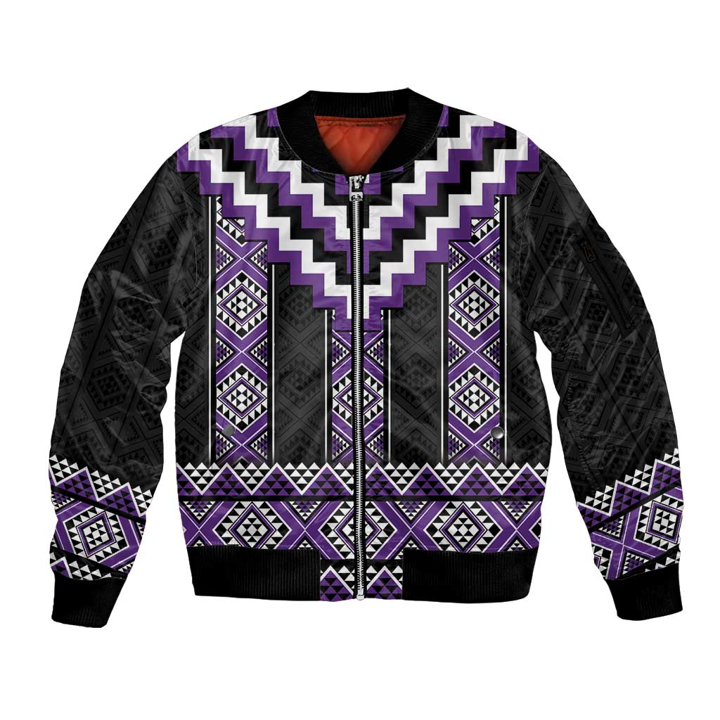 Purple Taniko Pattern Aotearoa Sleeve Zip Bomber Jacket Niho Taniwha Mix Poutama LT14