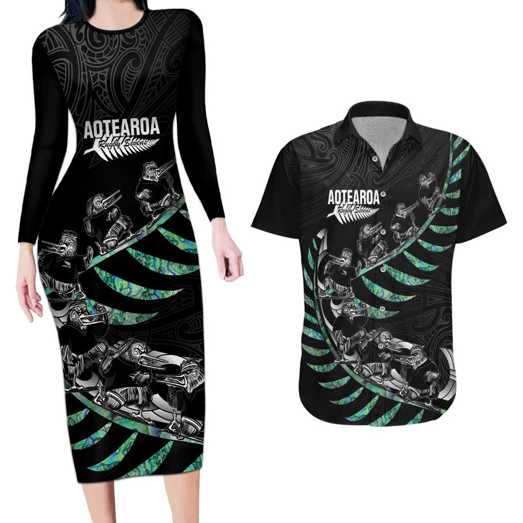 Custom New Zealand Silver Fern Rugby Couples Matching Long Sleeve Bodycon Dress and Hawaiian Shirt Aotearoa Kiwi Maori Pattern