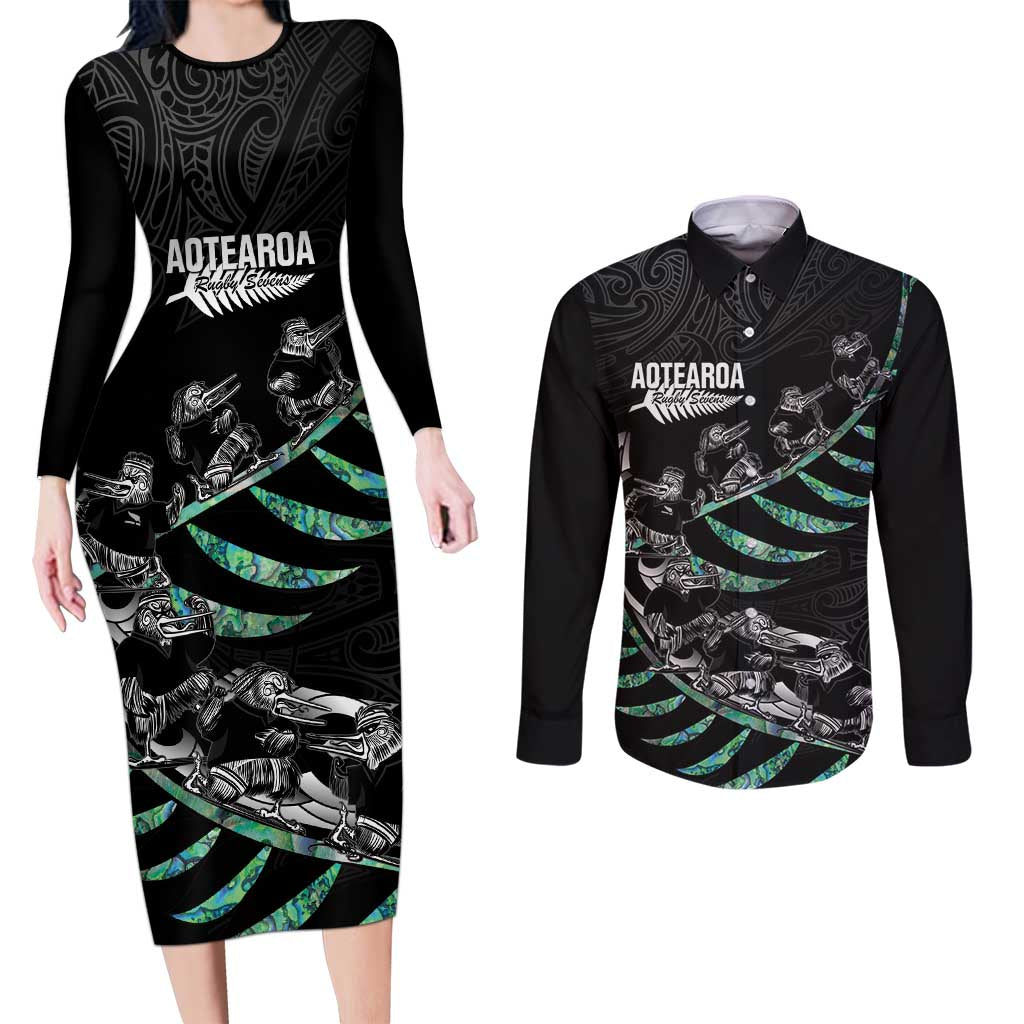 Custom New Zealand Silver Fern Rugby Couples Matching Long Sleeve Bodycon Dress and Long Sleeve Button Shirt Aotearoa Kiwi Maori Pattern