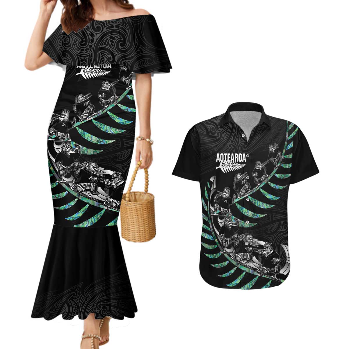 Custom New Zealand Silver Fern Rugby Couples Matching Mermaid Dress and Hawaiian Shirt Aotearoa Kiwi Maori Pattern