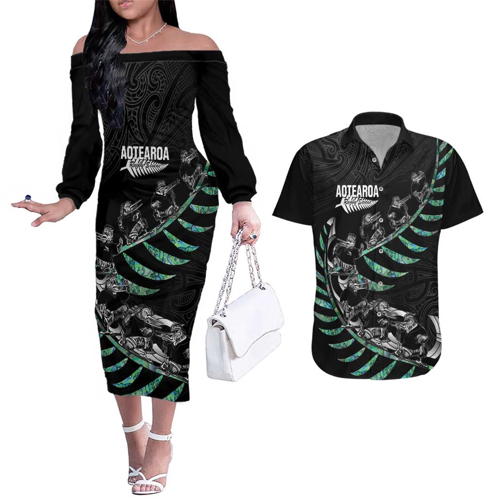 Custom New Zealand Silver Fern Rugby Couples Matching Off The Shoulder Long Sleeve Dress and Hawaiian Shirt Aotearoa Kiwi Maori Pattern