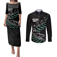 Custom New Zealand Silver Fern Rugby Couples Matching Puletasi and Long Sleeve Button Shirt Aotearoa Kiwi Maori Pattern