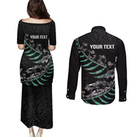 Custom New Zealand Silver Fern Rugby Couples Matching Puletasi and Long Sleeve Button Shirt Aotearoa Kiwi Maori Pattern