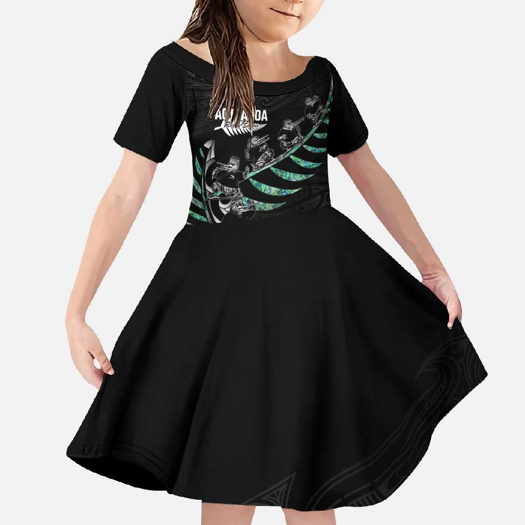 Custom New Zealand Silver Fern Rugby Family Matching Summer Maxi Dress and Hawaiian Shirt Aotearoa Kiwi Maori Pattern LT14 Daughter's Dress Black - Polynesian Pride