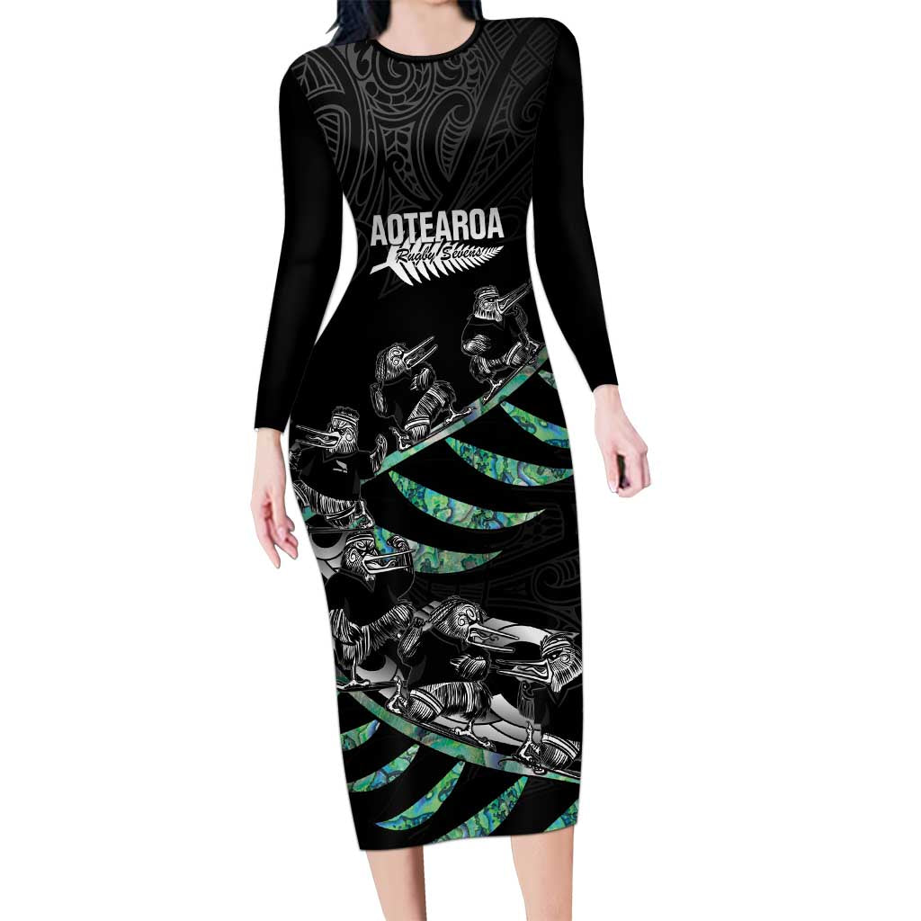 Custom New Zealand Silver Fern Rugby Long Sleeve Bodycon Dress Aotearoa Kiwi Maori Pattern