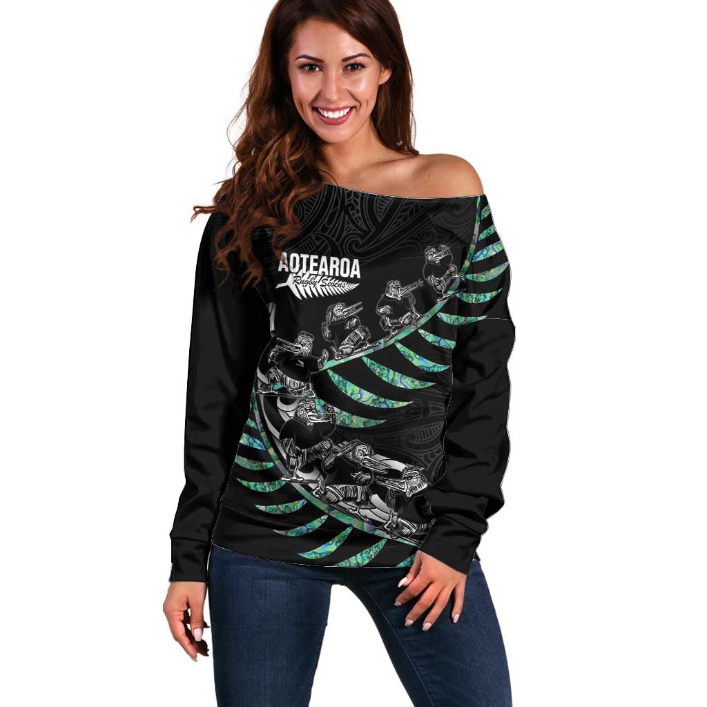 Custom New Zealand Silver Fern Rugby Off Shoulder Sweater Aotearoa Kiwi Maori Pattern