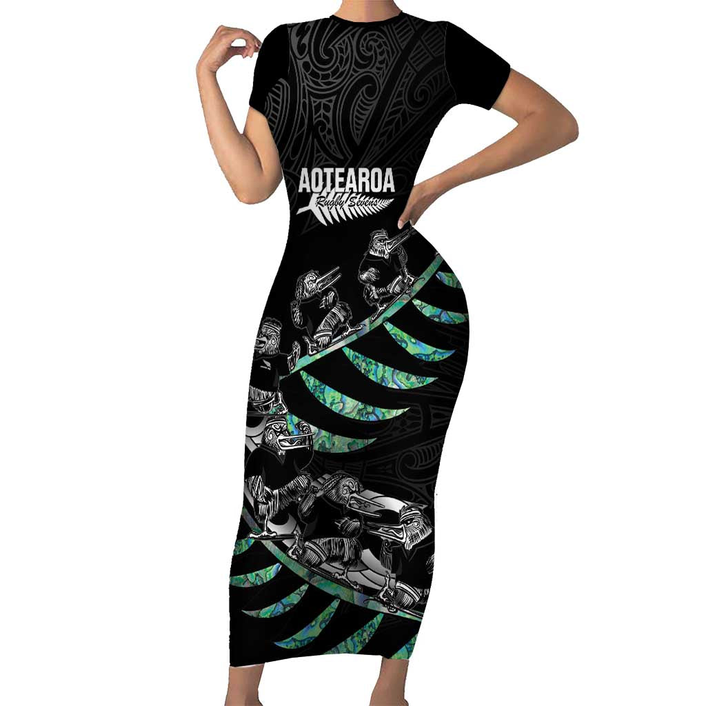 Custom New Zealand Silver Fern Rugby Short Sleeve Bodycon Dress Aotearoa Kiwi Maori Pattern