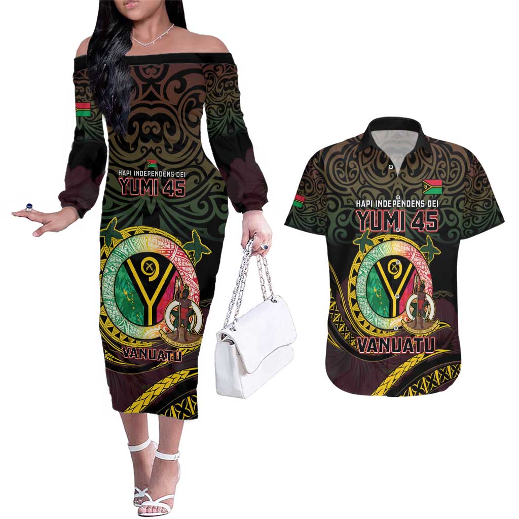 Personalised Vanuatu Couples Matching Off The Shoulder Long Sleeve Dress and Hawaiian Shirt Yumi 45th Hapi Independens Dei - Black Version LT14
