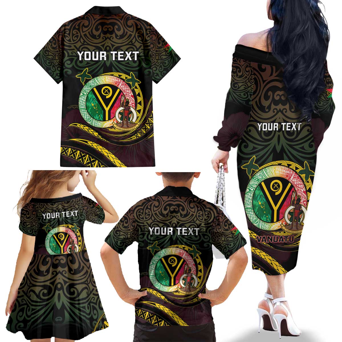 Personalised Vanuatu Family Matching Off The Shoulder Long Sleeve Dress and Hawaiian Shirt Yumi 45th Hapi Independens Dei - Black Version LT14