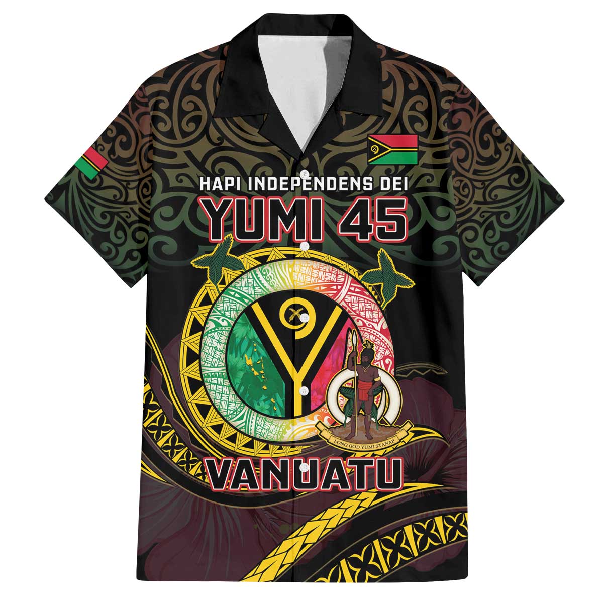 Personalised Vanuatu Family Matching Off The Shoulder Long Sleeve Dress and Hawaiian Shirt Yumi 45th Hapi Independens Dei - Black Version LT14