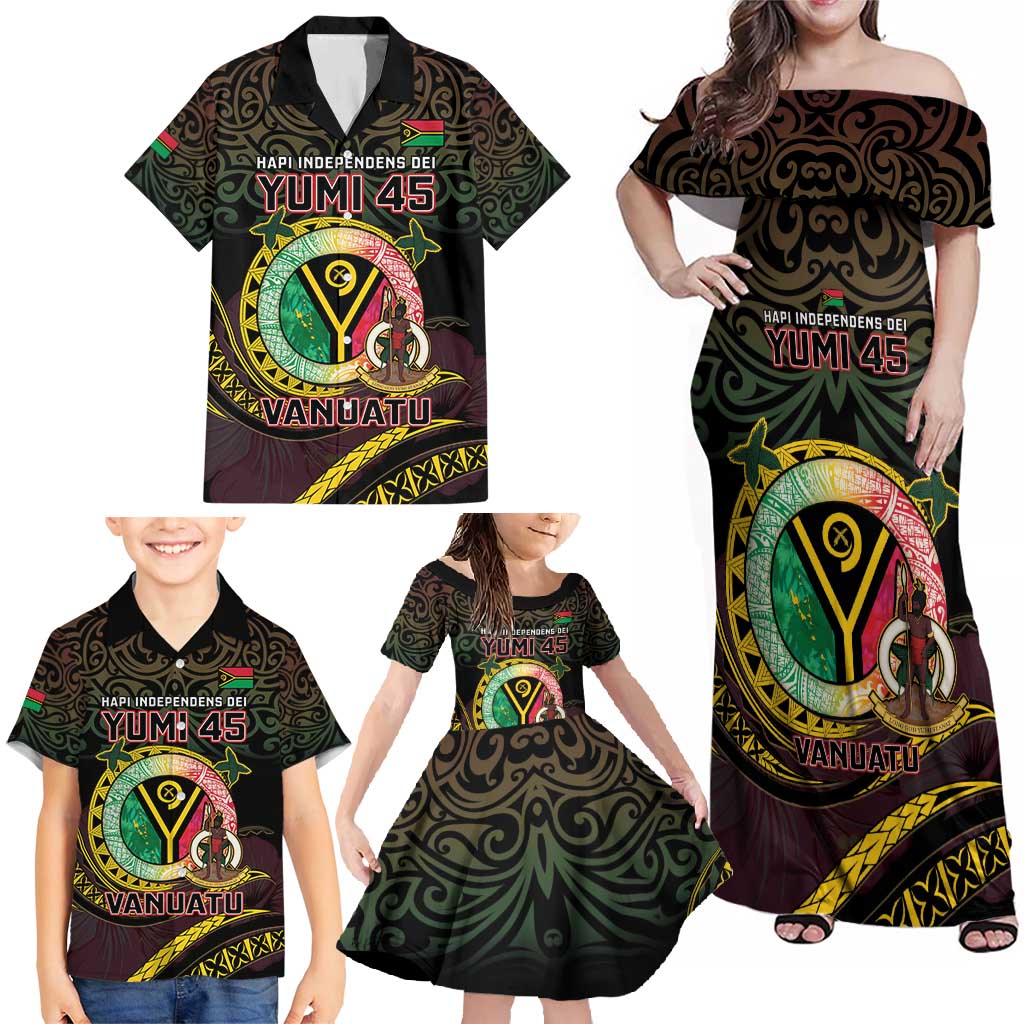Personalised Vanuatu Family Matching Off Shoulder Maxi Dress and Hawaiian Shirt Yumi 45th Hapi Independens Dei - Black Version LT14