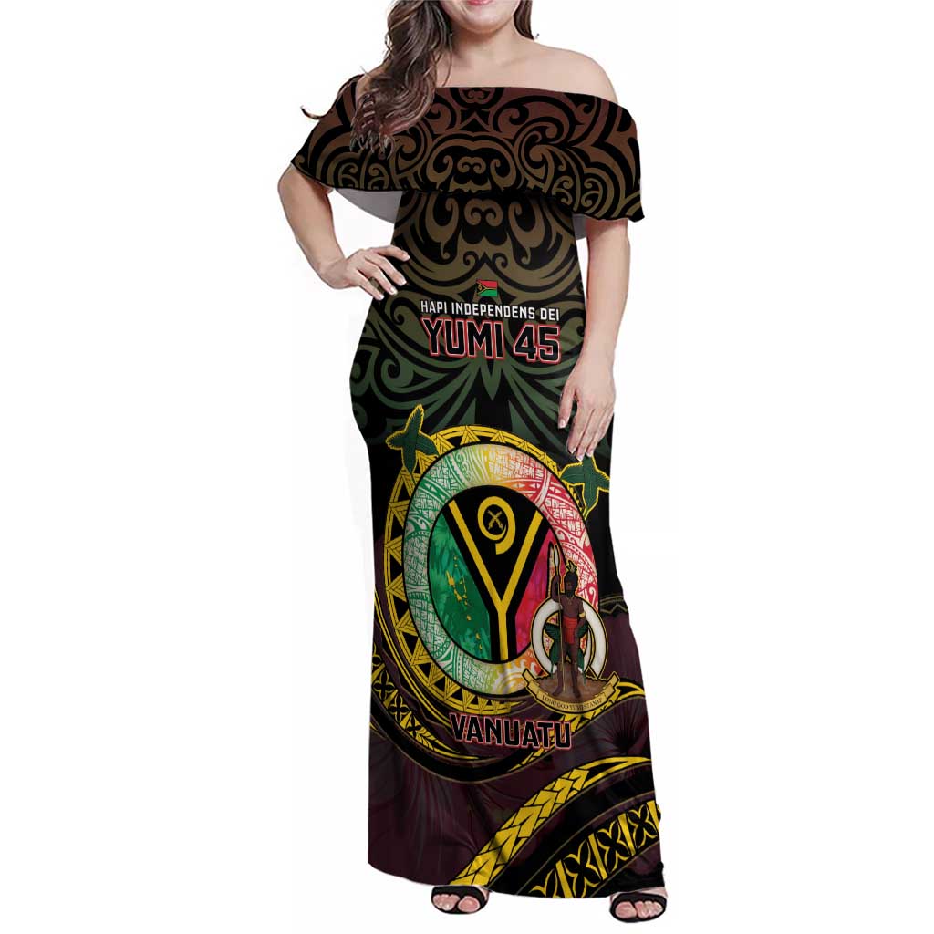 Personalised Vanuatu Family Matching Off Shoulder Maxi Dress and Hawaiian Shirt Yumi 45th Hapi Independens Dei - Black Version LT14
