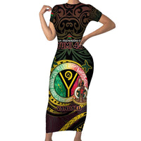 Personalised Vanuatu Family Matching Short Sleeve Bodycon Dress and Hawaiian Shirt Yumi 45th Hapi Independens Dei - Black Version LT14