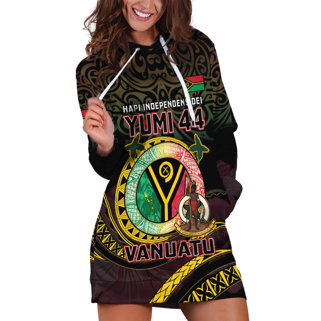 Personalised Vanuatu Hoodie Dress Yumi 44 Hapi Independens Dei - Black Version