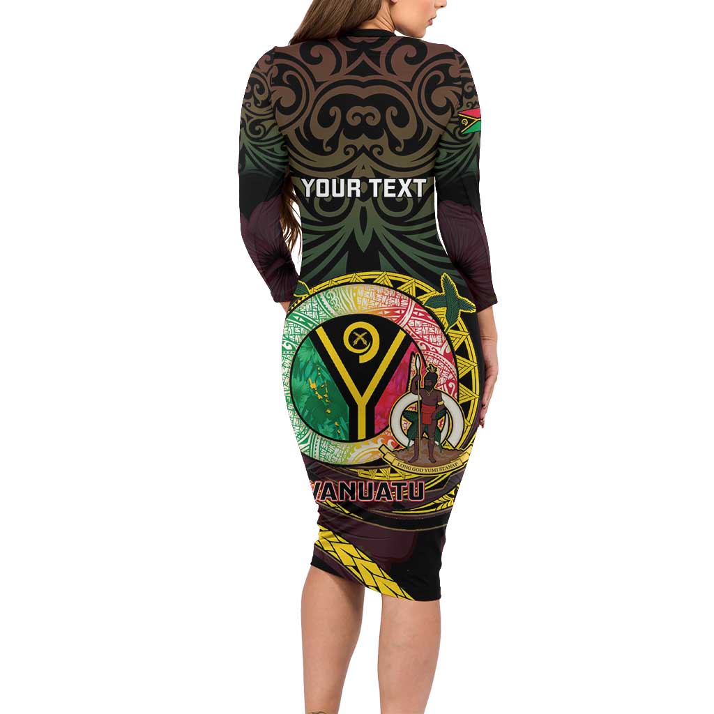 Personalised Vanuatu Long Sleeve Bodycon Dress Yumi 45th Hapi Independens Dei - Black Version LT14