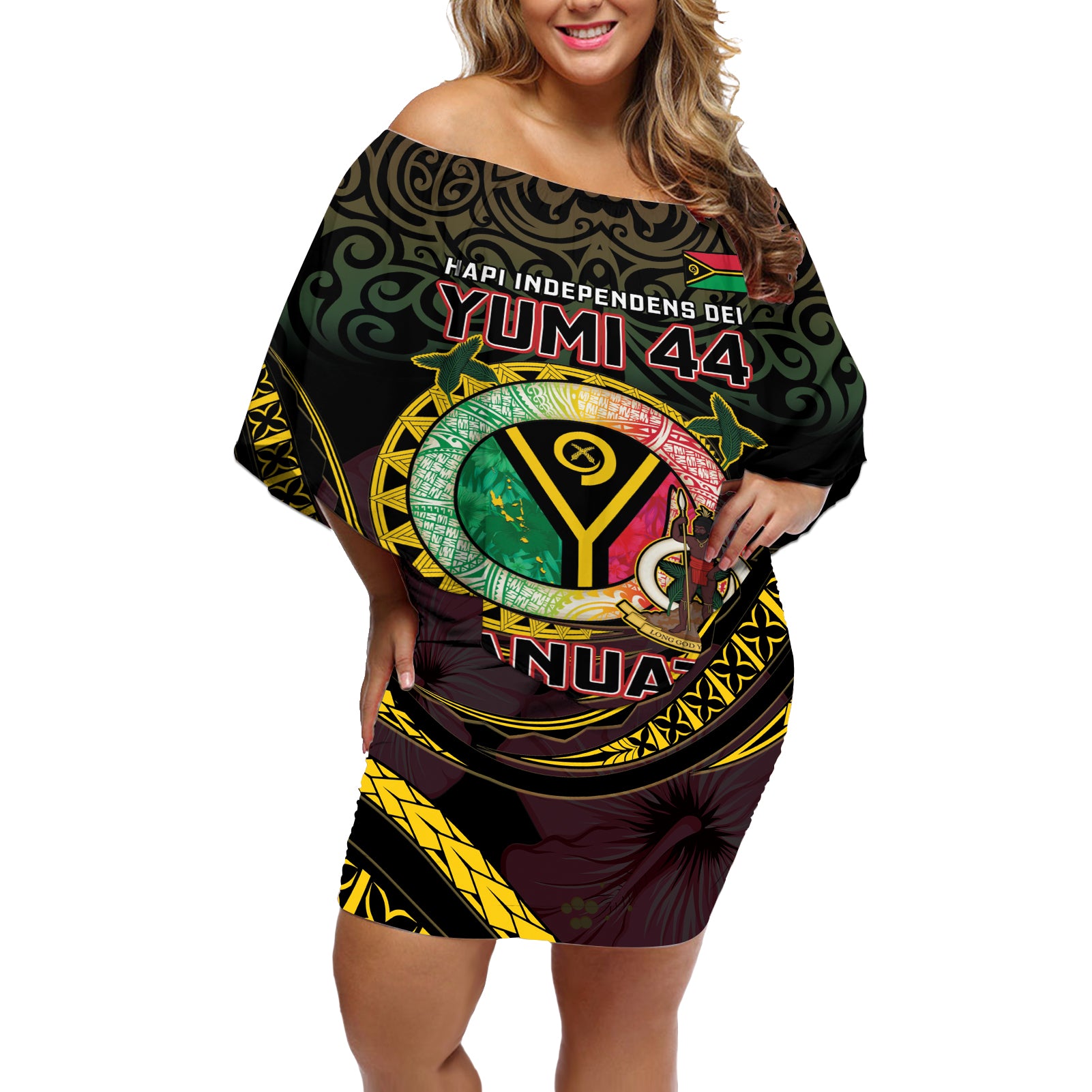 Personalised Vanuatu Off Shoulder Short Dress Yumi 44 Hapi Independens Dei - Black Version