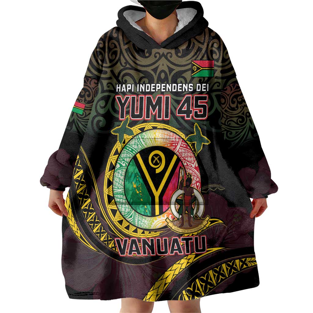 Personalised Vanuatu Wearable Blanket Hoodie Yumi 45th Hapi Independens Dei - Black Version LT14