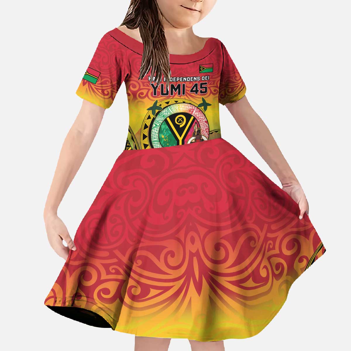 Personalised Vanuatu Family Matching Off The Shoulder Long Sleeve Dress and Hawaiian Shirt Yumi 45th Hapi Independens Dei - Reggae Version LT14