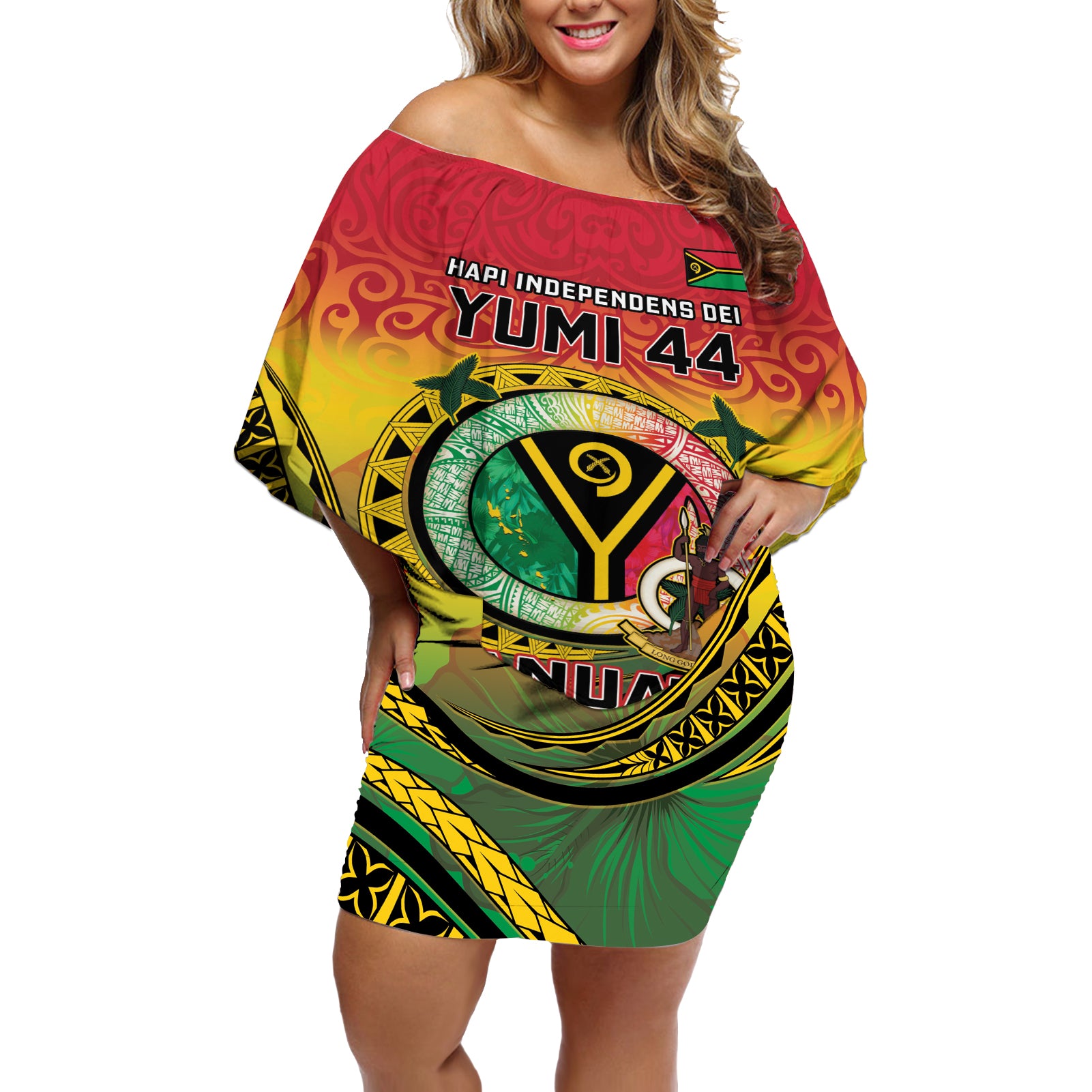 Personalised Vanuatu Off Shoulder Short Dress Yumi 44 Hapi Independens Dei - Reggae Version