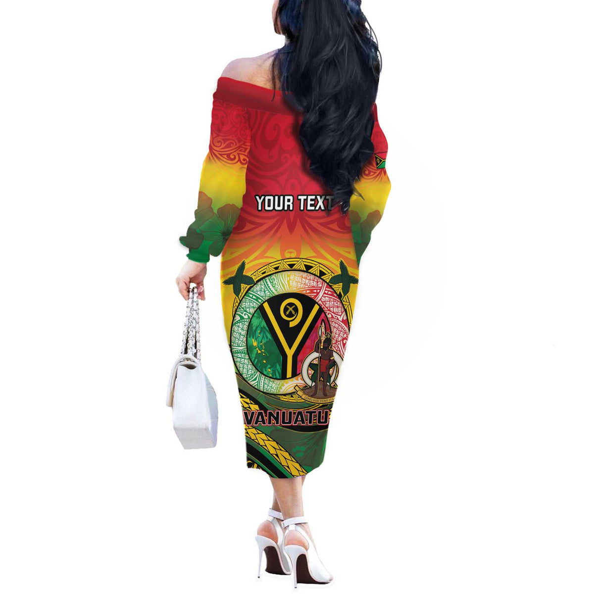 Personalised Vanuatu Off The Shoulder Long Sleeve Dress Yumi 45th Hapi Independens Dei - Reggae Version LT14