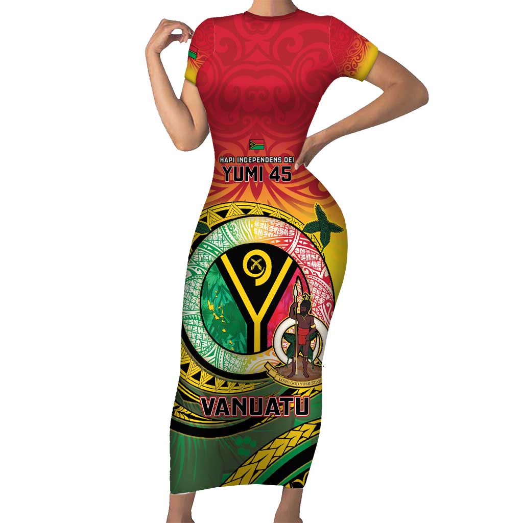 Personalised Vanuatu Short Sleeve Bodycon Dress Yumi 45th Hapi Independens Dei - Reggae Version LT14