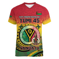 Personalised Vanuatu Women V-Neck T-Shirt Yumi 45th Hapi Independens Dei - Reggae Version LT14