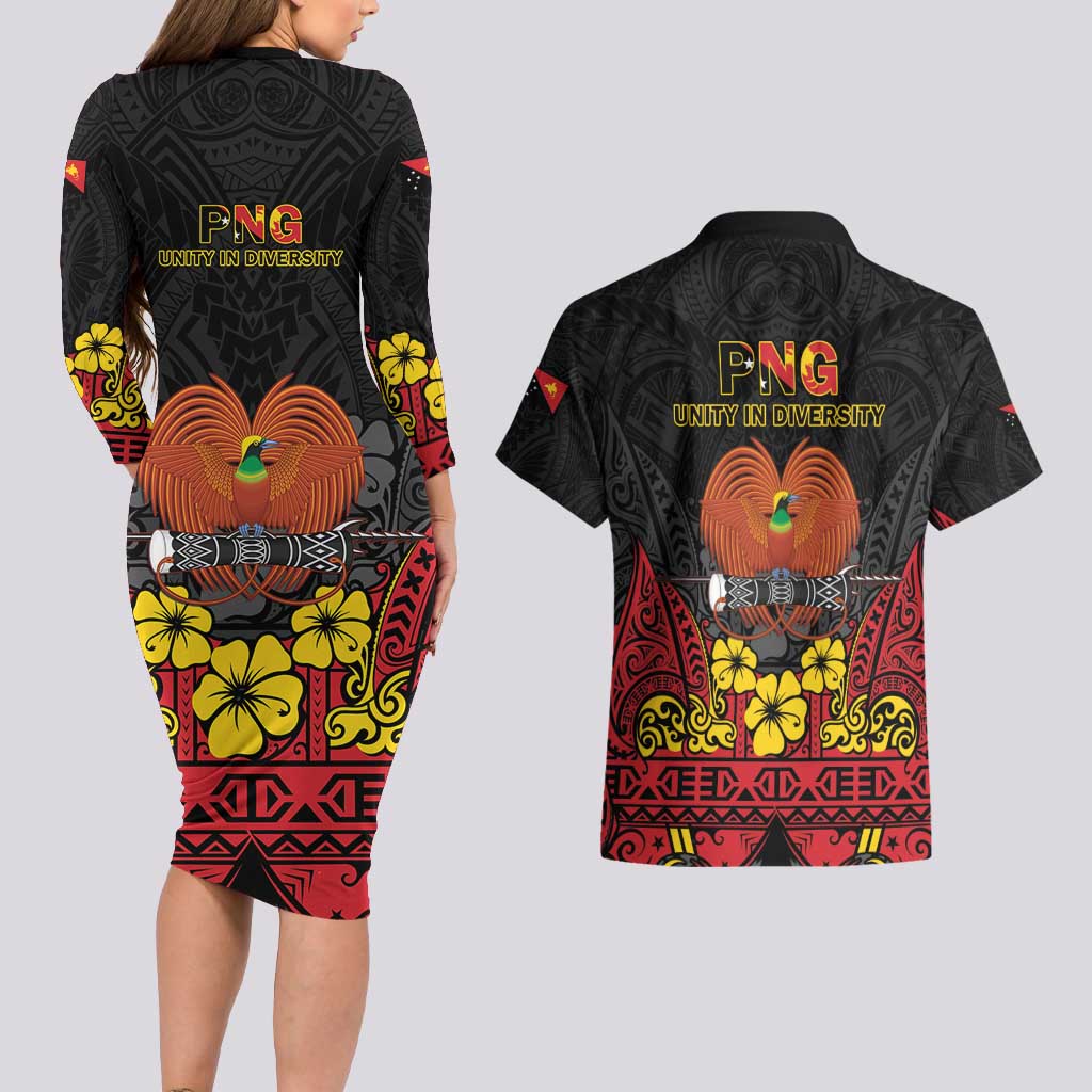 Papua New Guinea Independence Day Couples Matching Long Sleeve Bodycon Dress and Hawaiian Shirt PNG Bird of Paradise 50th Anniversary LT14