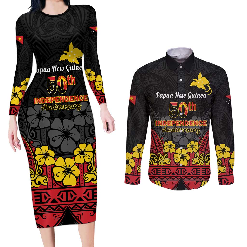 Papua New Guinea Independence Day Couples Matching Long Sleeve Bodycon Dress and Long Sleeve Button Shirt PNG Bird of Paradise 50th Anniversary LT14