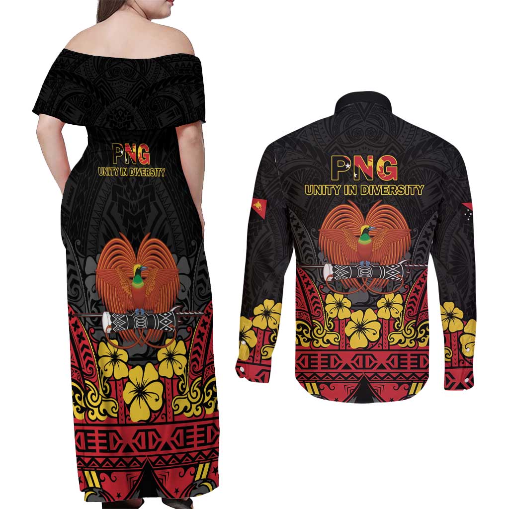 Papua New Guinea Independence Day Couples Matching Off Shoulder Maxi Dress and Long Sleeve Button Shirt PNG Bird of Paradise 50th Anniversary LT14