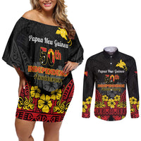 Papua New Guinea Independence Day Couples Matching Off Shoulder Short Dress and Long Sleeve Button Shirt PNG Bird of Paradise 50th Anniversary LT14