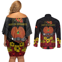 Papua New Guinea Independence Day Couples Matching Off Shoulder Short Dress and Long Sleeve Button Shirt PNG Bird of Paradise 50th Anniversary LT14