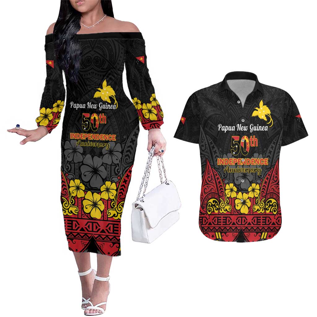 Papua New Guinea Independence Day Couples Matching Off The Shoulder Long Sleeve Dress and Hawaiian Shirt PNG Bird of Paradise 50th Anniversary LT14