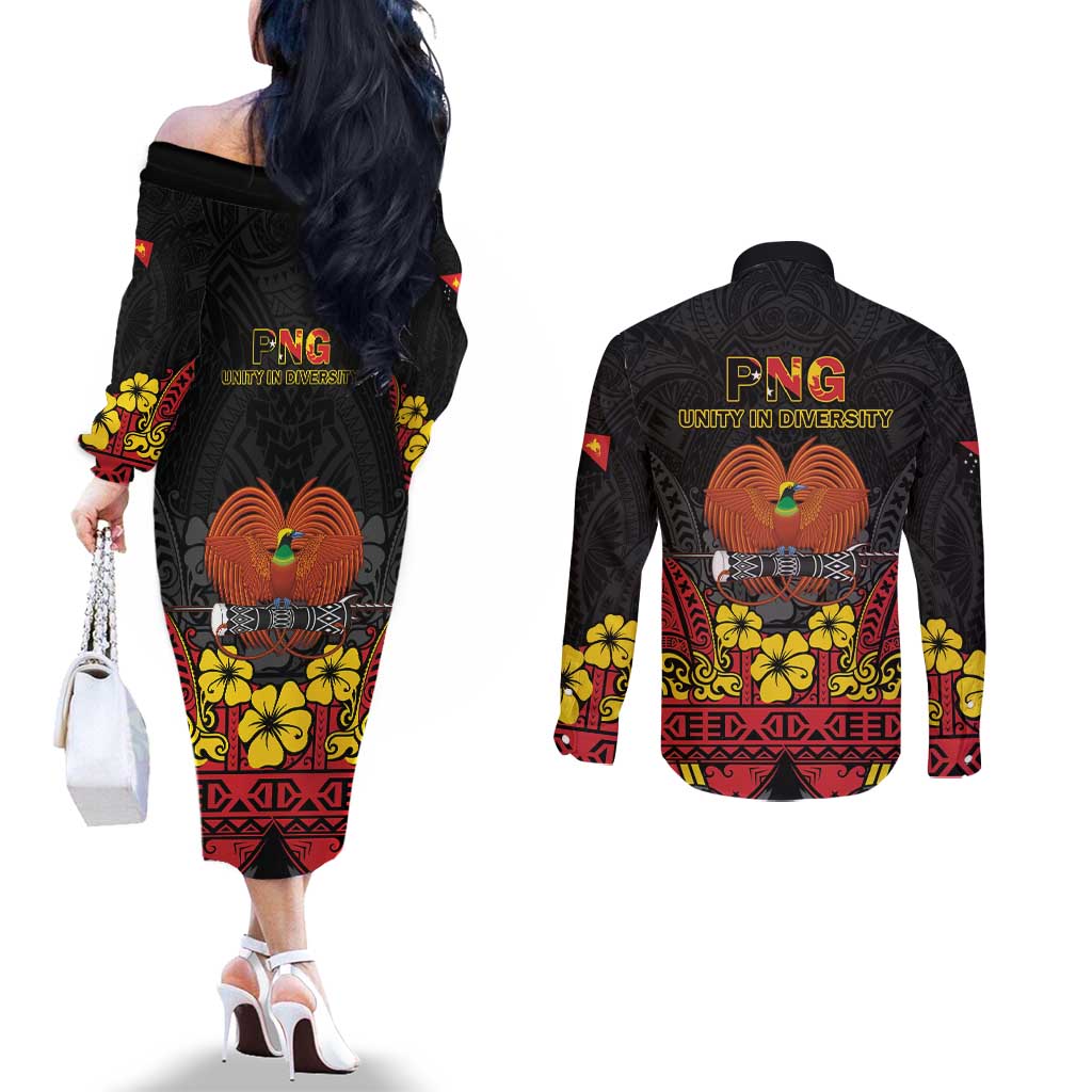 Papua New Guinea Independence Day Couples Matching Off The Shoulder Long Sleeve Dress and Long Sleeve Button Shirt PNG Bird of Paradise 50th Anniversary LT14